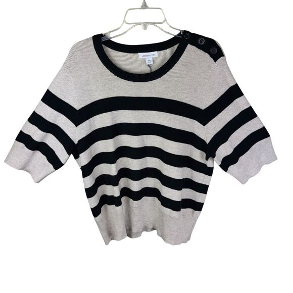 Liz Claiborne Striped Short Sleeve Knit Sweater XXL Beige Black Classic Work New - Picture 1 of 4